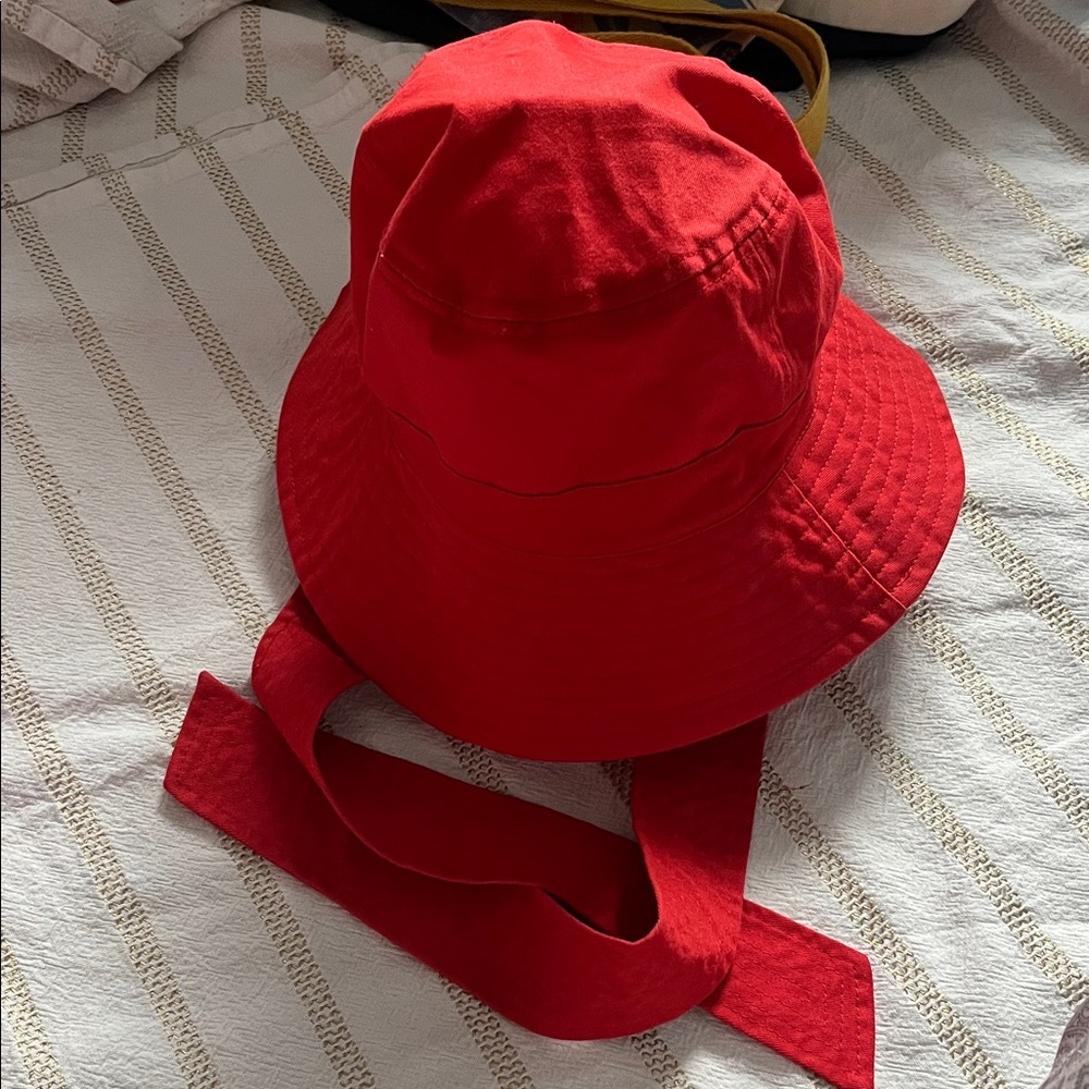 Anthropologie Red Bucket Hat with tie cotton foldable